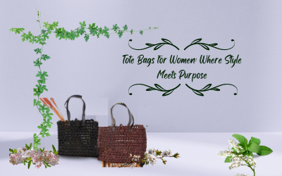 a hand woven sabai tote bag for women with leather handles