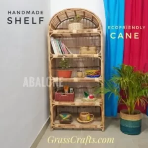 a cane shelf with baskets and plants in a corner